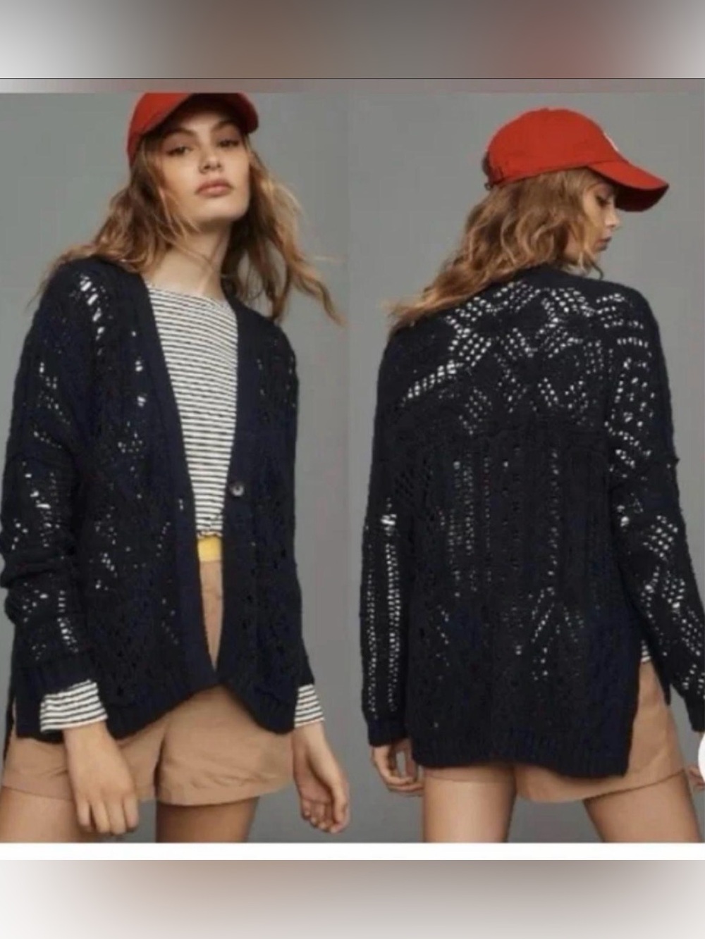 Anthropologie Navy Open-Knit Button Cardigan